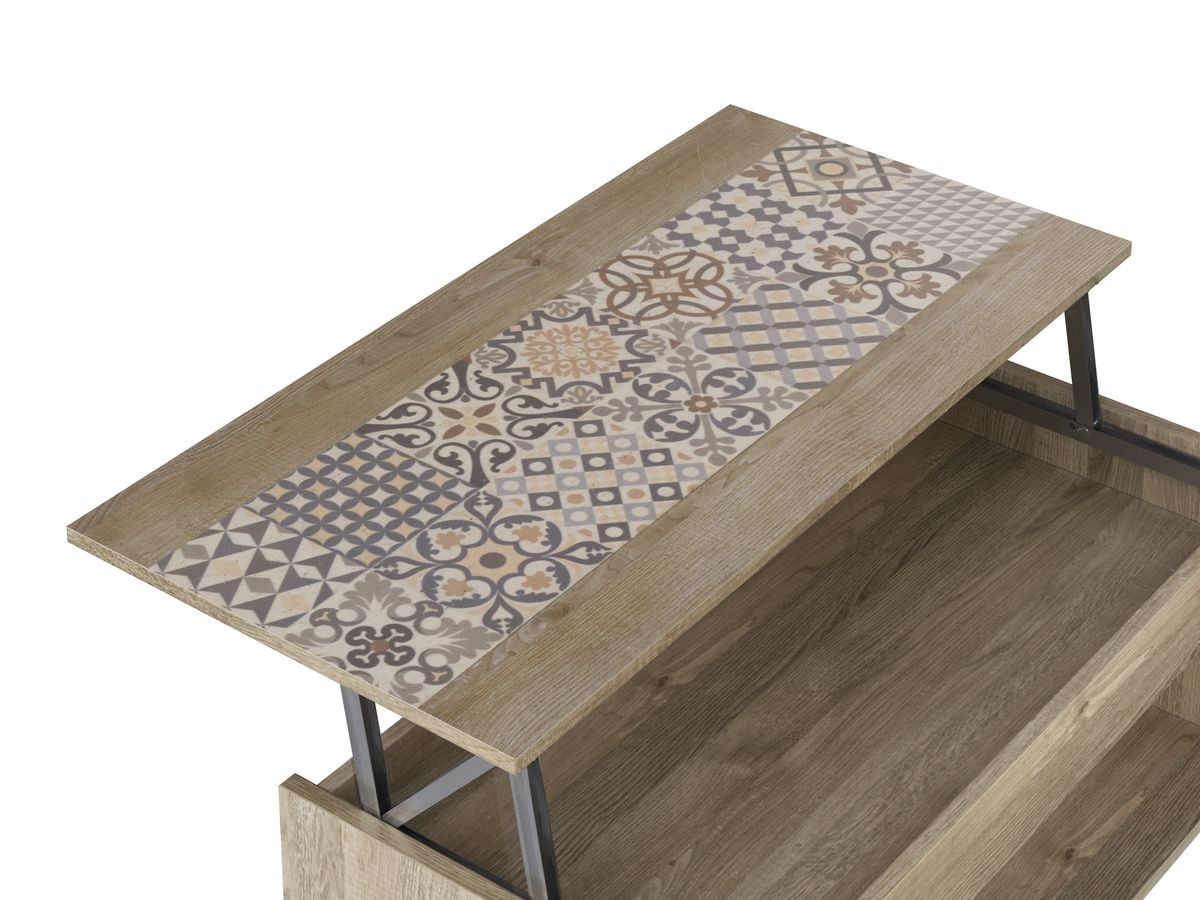 Table basse MARGUERITE imitation chêne et impression carreaux de ciment