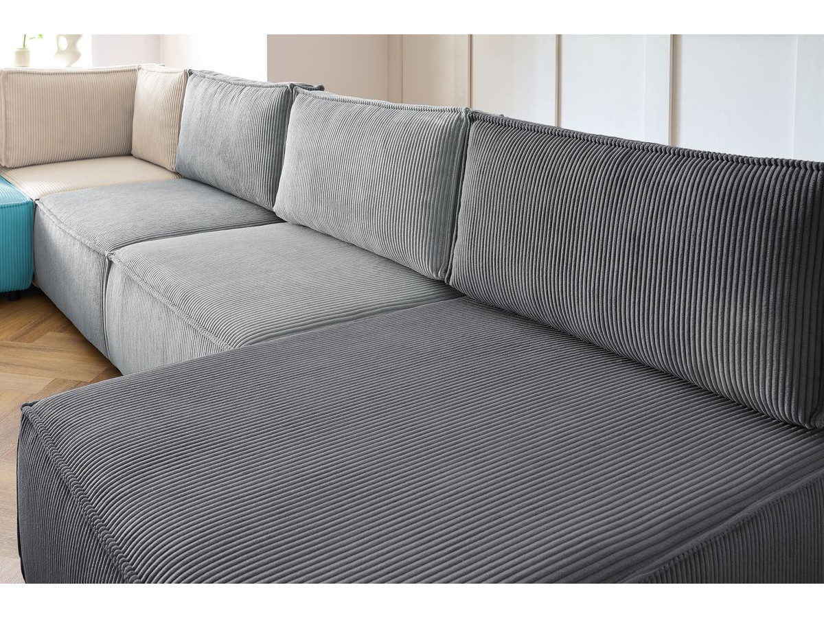 Canapé d'angle fixe 100% modulable NIHAD tissu velours côtelé 3 chauffeuses, 1 angle et 1 méridienne