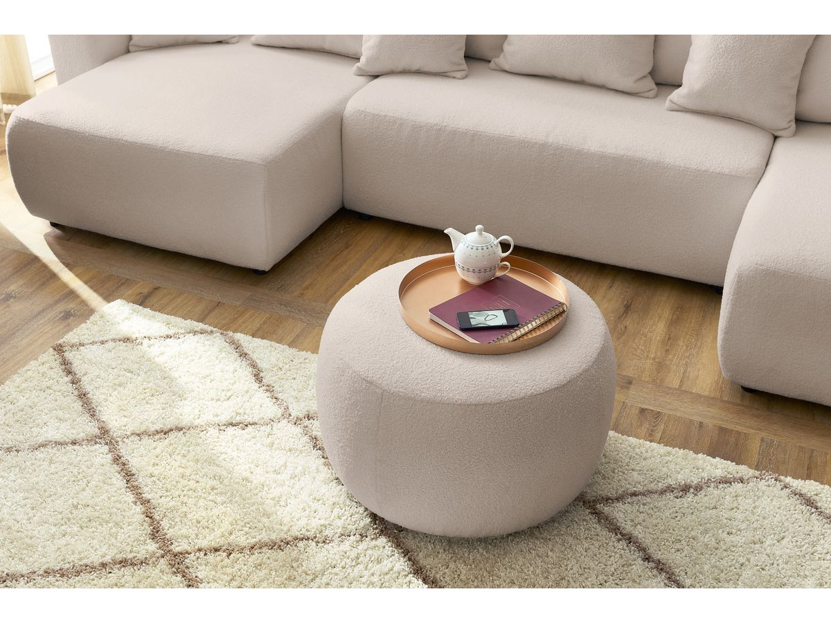 Canapé panoramique convertible coffre ENVY tissu bouclette avec pouf rond