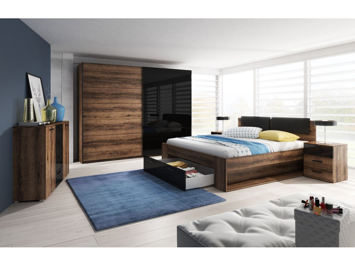 Chambre complète lit 140 x 200 cm avec tiroir et 2 chevets DELICIO Chêne et noir