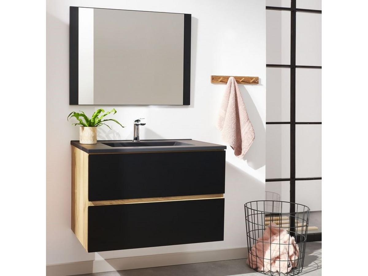 Meuble de salle de bain 80 cm ALANI Couleur chêne et noir
