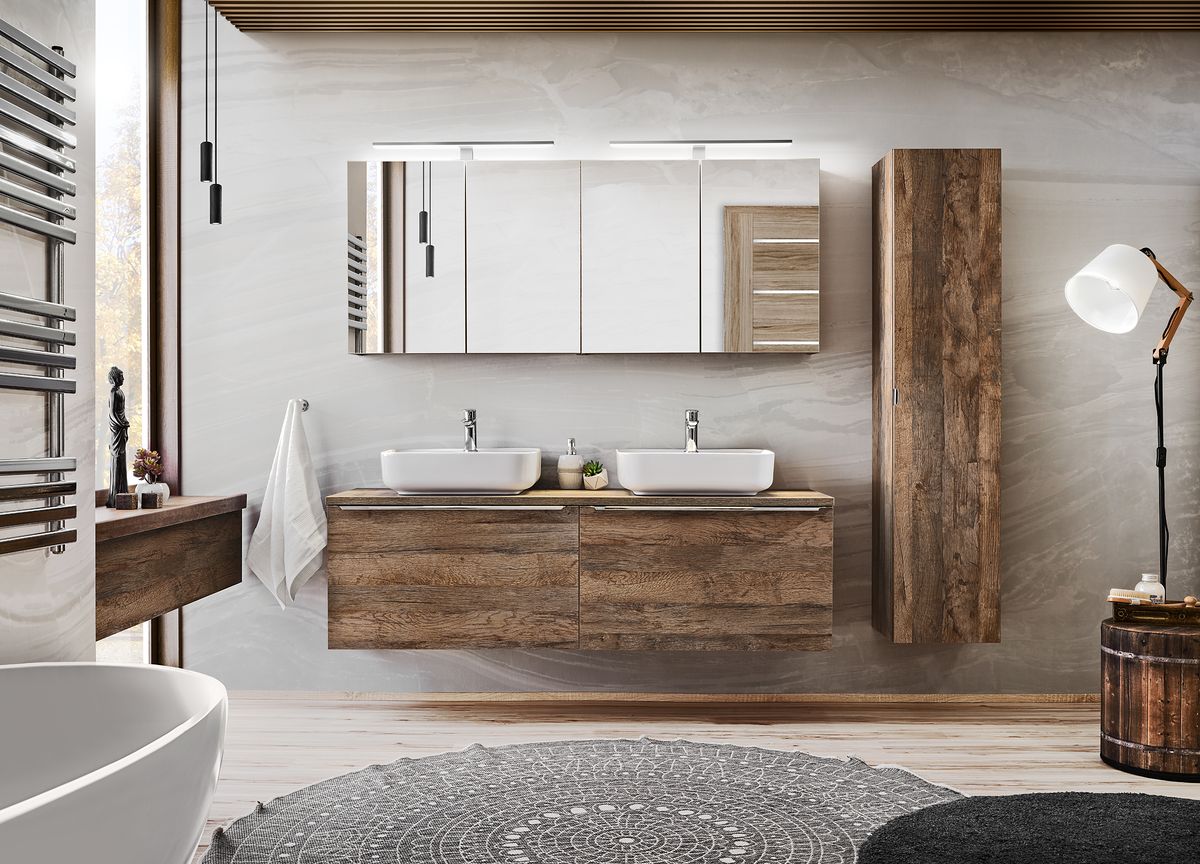 Meuble de salle de bain 160 cm ZINA chêne et blanc | BOBOCHIC
