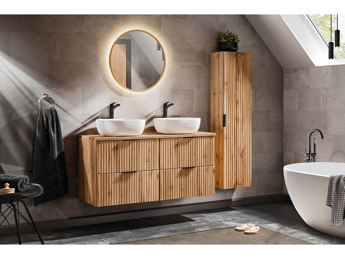 Meuble de salle de bain 120 cm HILONA avec vasques à poser et colonne chêne