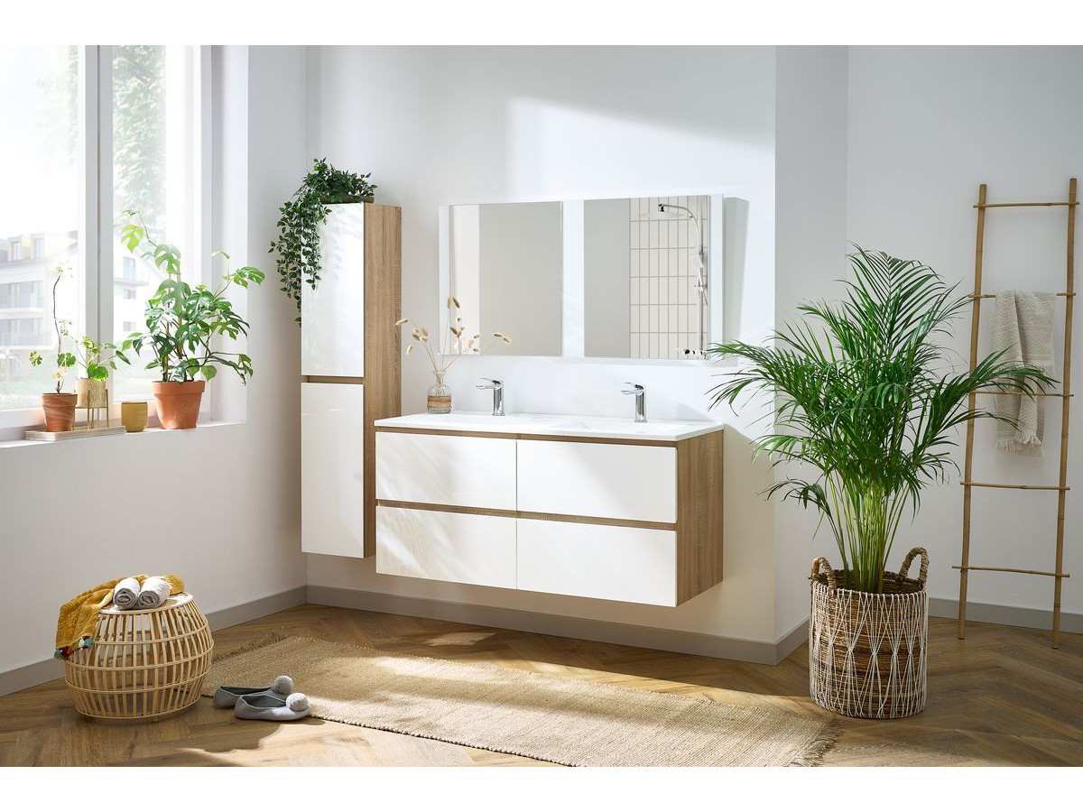 Ensemble de salle de bain 120 cm ALANI avec colonne bois clair et blanc