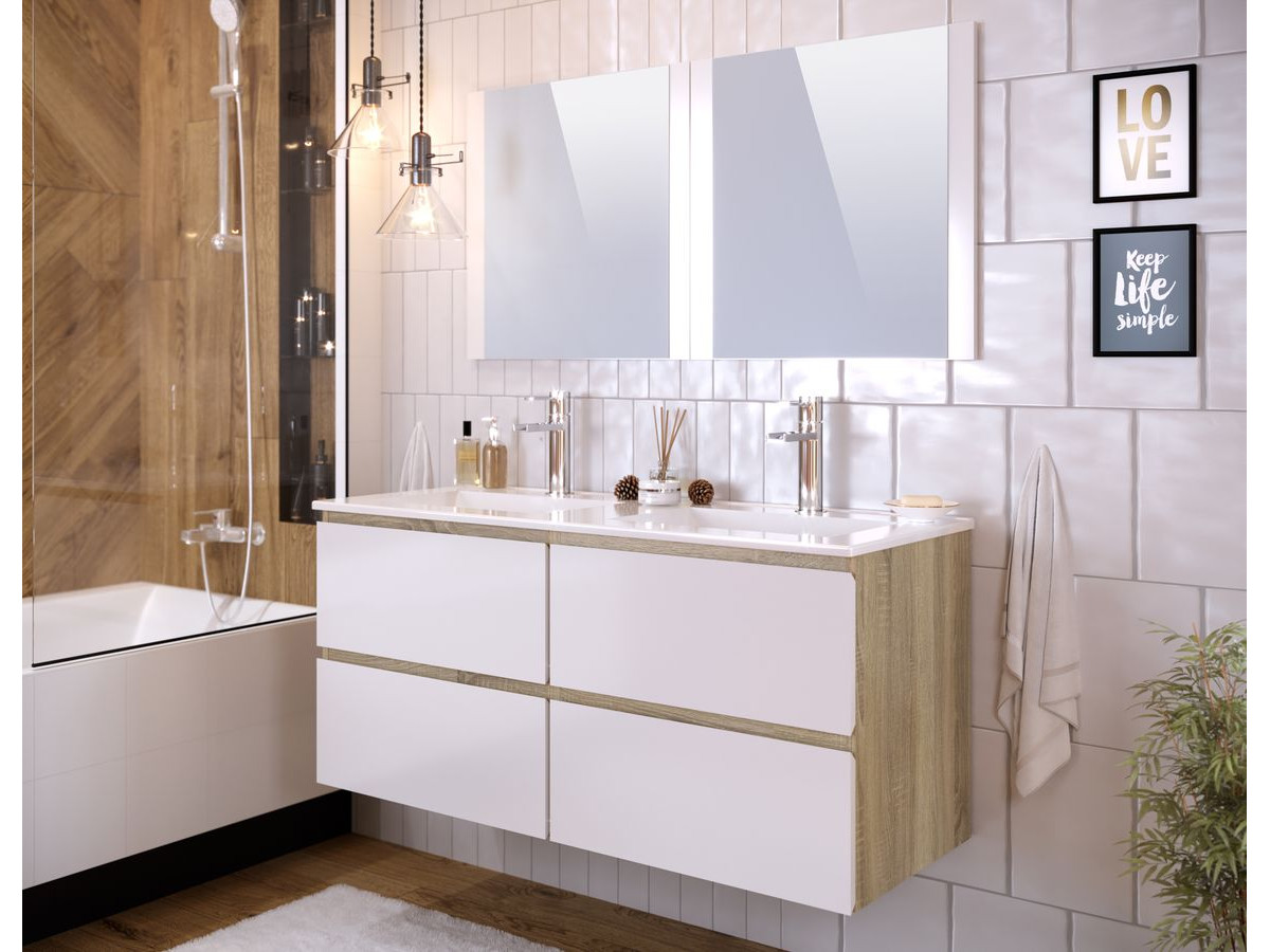 Meuble de salle de bain 120 cm ALANI bois clair et blanc