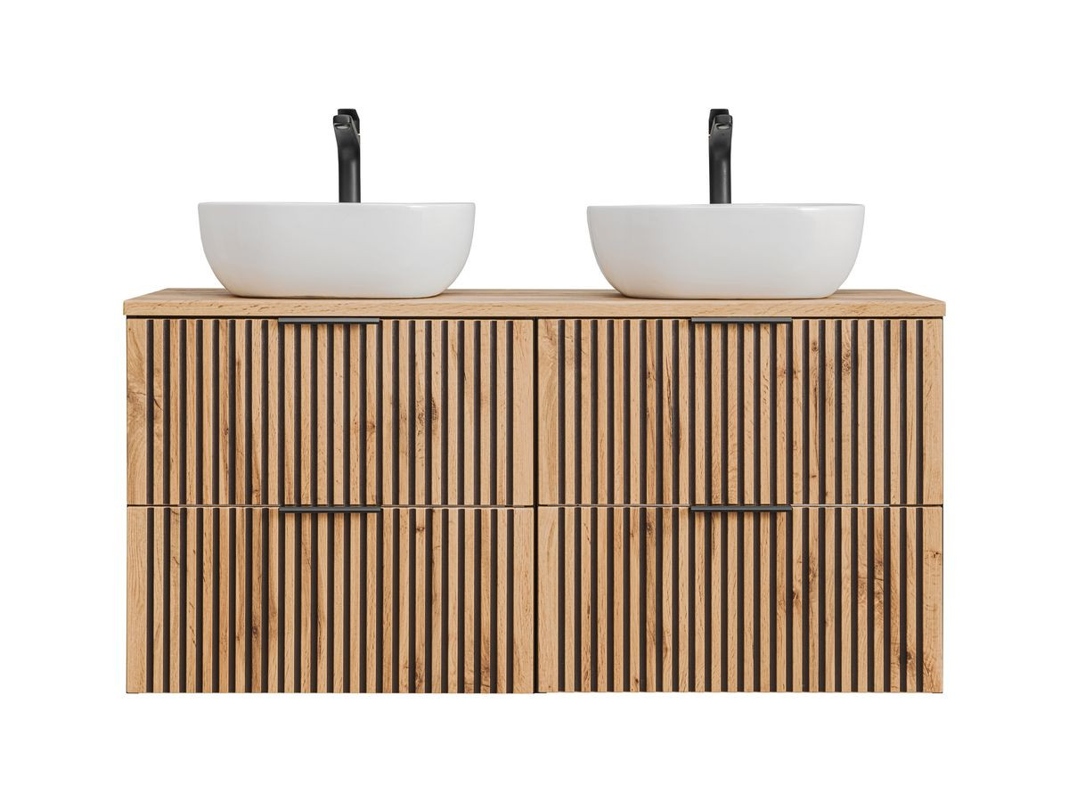 Ensemble salle de bain 120 cm AXEL avec vasques à poser et colonne bois clair