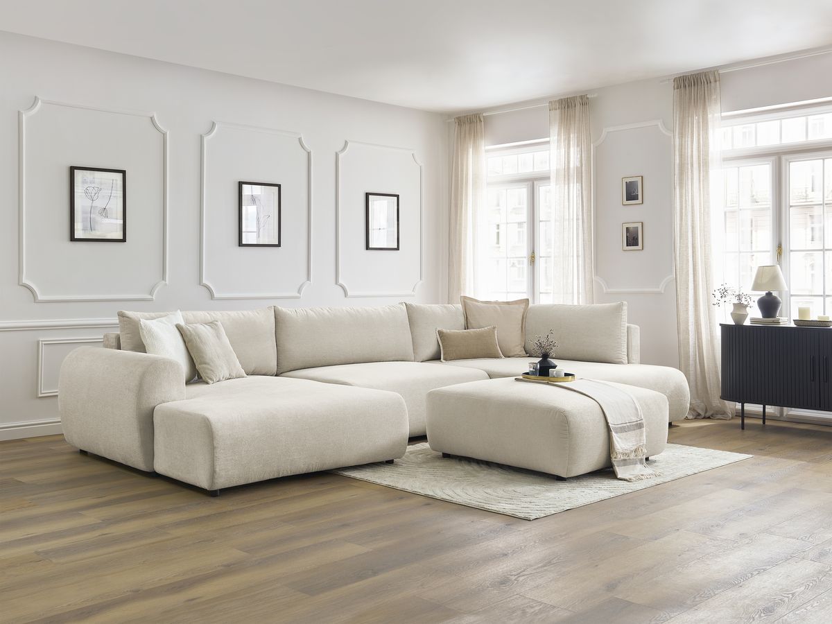 Canapé panoramique convertible coffre LUCIEN tissu lisse avec pouf ...