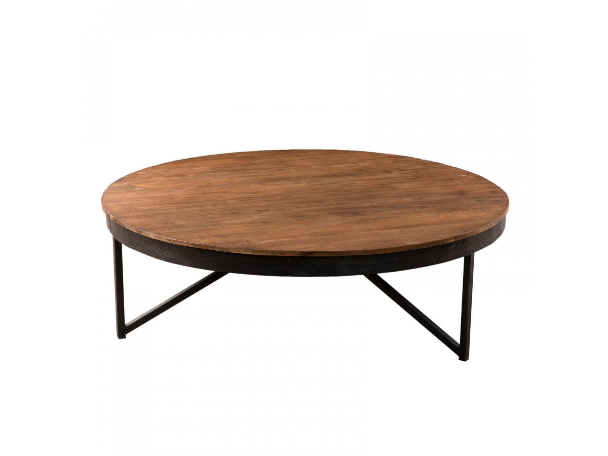 Table basse ronde 110x110cm bois Teck recycle pieds metal YOGYA