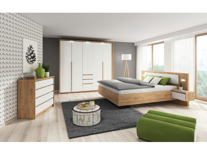 Chambre complète XELYO avec Lit 160 cm + Sommier + Commode + Armoire Chêne et blanc