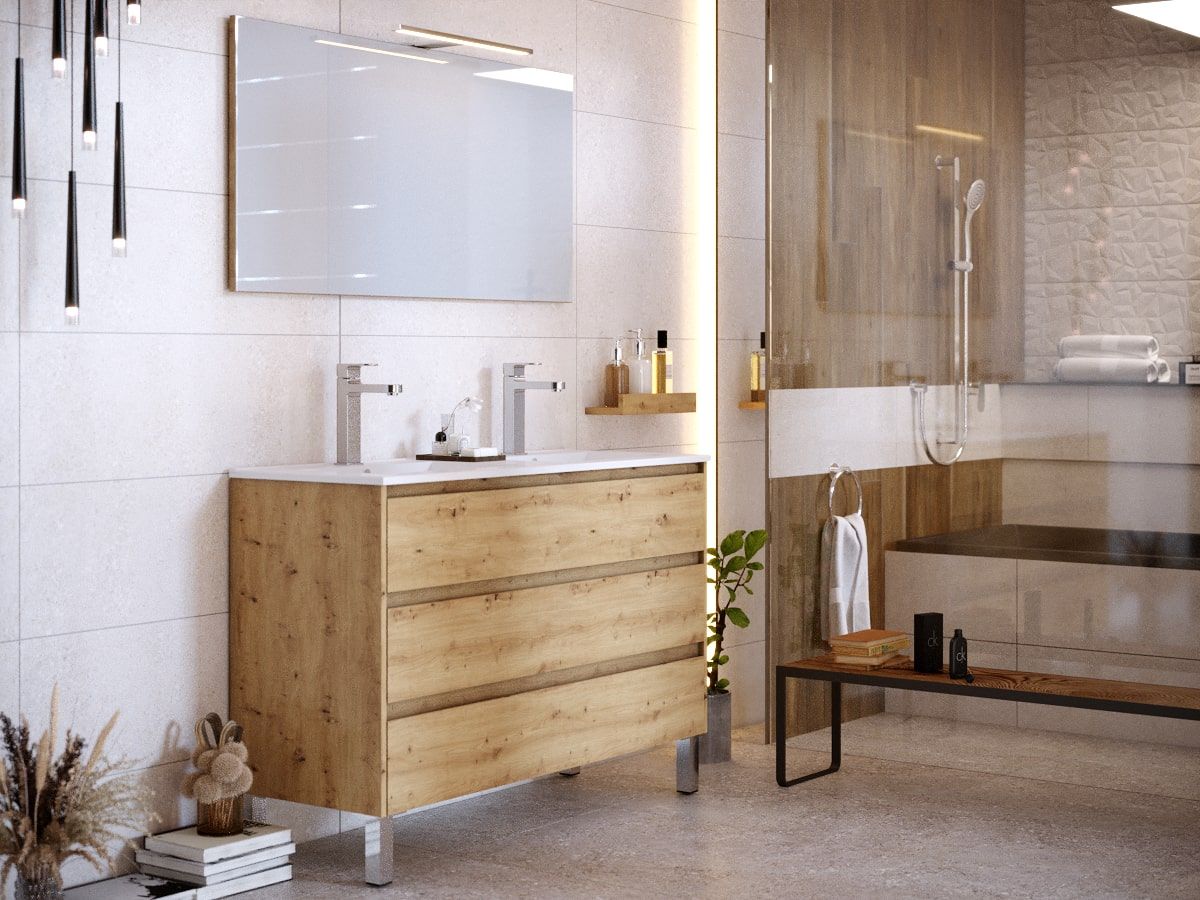 Meuble de salle de bain 120 cm avec pieds BAYO chêne clair