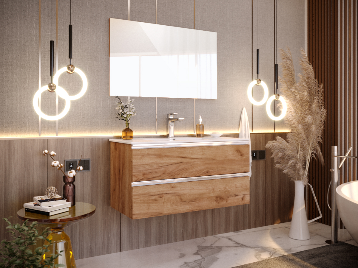 Meuble de salle de bain 100 cm ARIA chêne foncé | BOBOCHIC